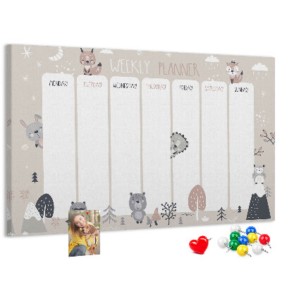 Tablero de corcho decorado con diseño de animales del bosque para agenda semanal