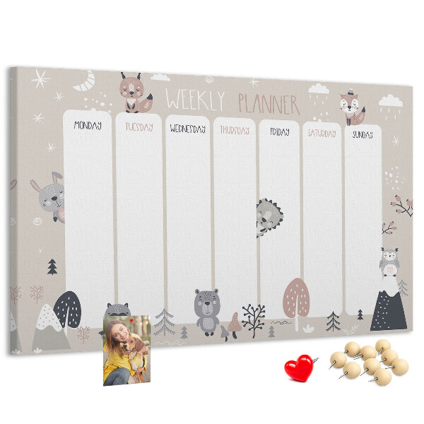 Tablero de corcho decorado con diseño de animales del bosque para agenda semanal