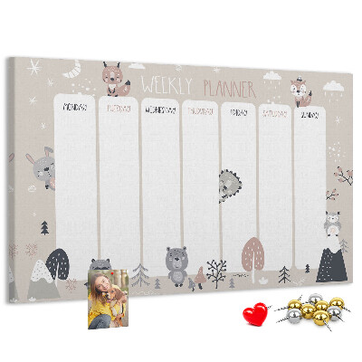 Tablero de corcho decorado con diseño de animales del bosque para agenda semanal