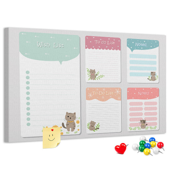 Tablero de anuncios con diseño de lindos gatitos en notas coloridas