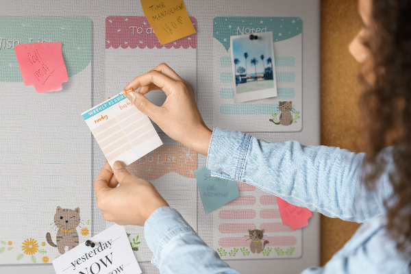 Tablero de anuncios con diseño de lindos gatitos en notas coloridas