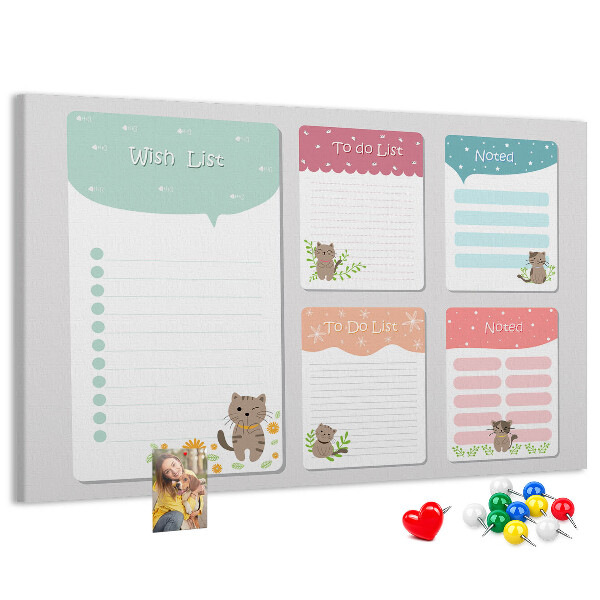 Tablero de anuncios con diseño de lindos gatitos en notas coloridas