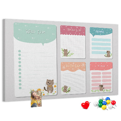 Tablero de anuncios con diseño de lindos gatitos en notas coloridas