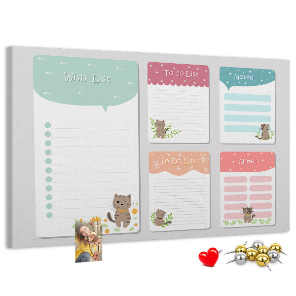 Tablero de anuncios con diseño de lindos gatitos en notas coloridas