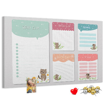 Tablero de anuncios con diseño de lindos gatitos en notas coloridas