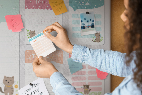 Tablero de anuncios con diseño de lindos gatitos en notas coloridas
