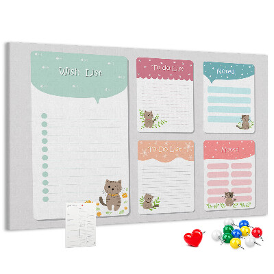 Tablero de anuncios con diseño de lindos gatitos en notas coloridas