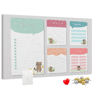 Tablero de anuncios con diseño de lindos gatitos en notas coloridas