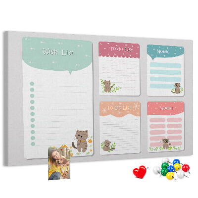 Tablero de anuncios con diseño de lindos gatitos en notas coloridas
