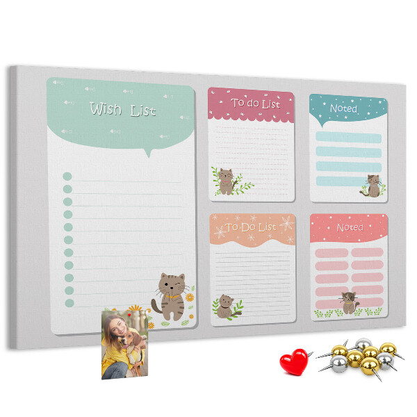 Tablero de anuncios con diseño de lindos gatitos en notas coloridas