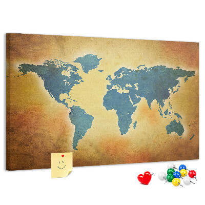 Pizarra de corcho Mapa del mundo sobre fondo de papel marrón.