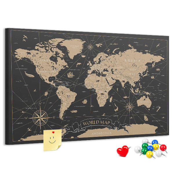 Tablero de anuncios mapa del mundo negro con detalles dorados