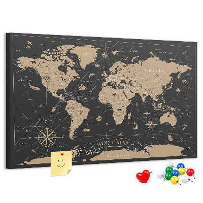 Tablero de anuncios Mapa del mundo negro con detalles dorados
