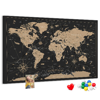 Tablero de anuncios mapa del mundo negro con detalles dorados