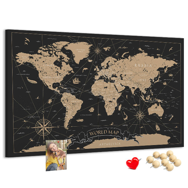 Tablero de anuncios mapa del mundo negro con detalles dorados