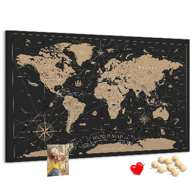 Tablero de anuncios mapa del mundo negro con detalles dorados