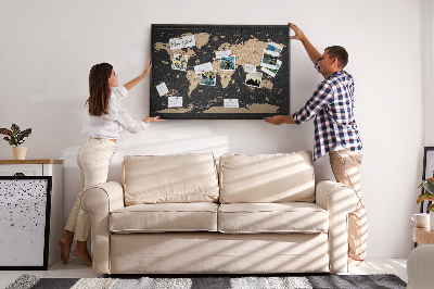 Tablero de anuncios mapa del mundo negro con detalles dorados
