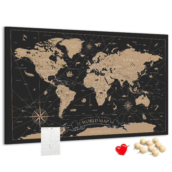 Tablero de anuncios mapa del mundo negro con detalles dorados