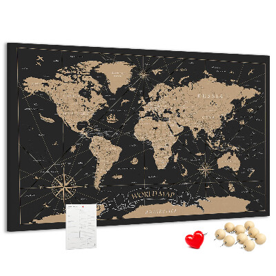Tablero de anuncios mapa del mundo negro con detalles dorados