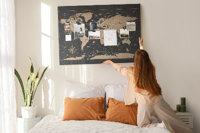 Tablero de anuncios mapa del mundo negro con detalles dorados