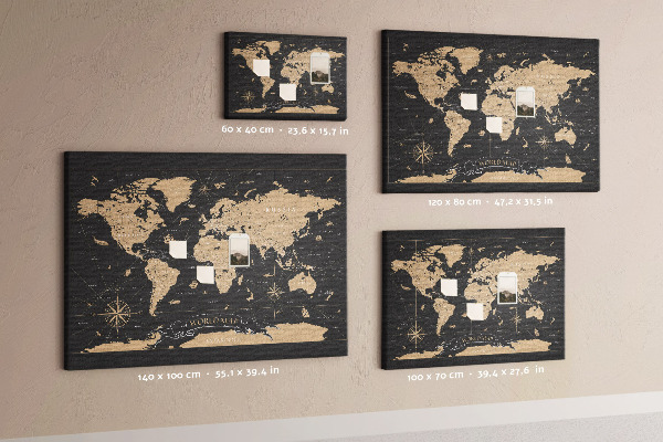 Tablero de anuncios mapa del mundo negro con detalles dorados