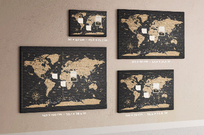 Tablero de anuncios mapa del mundo negro con detalles dorados