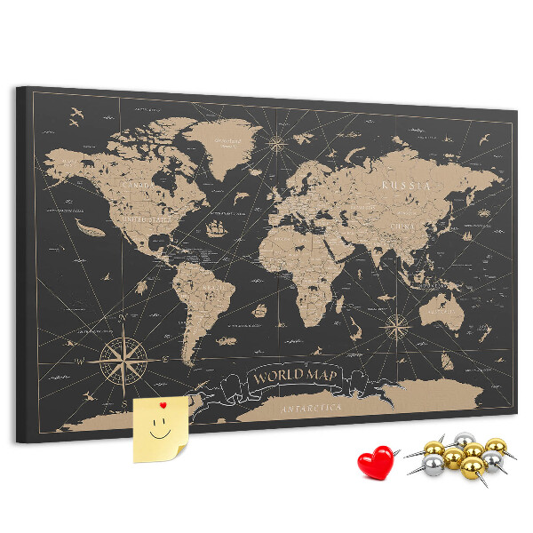 Tablero de anuncios mapa del mundo negro con detalles dorados