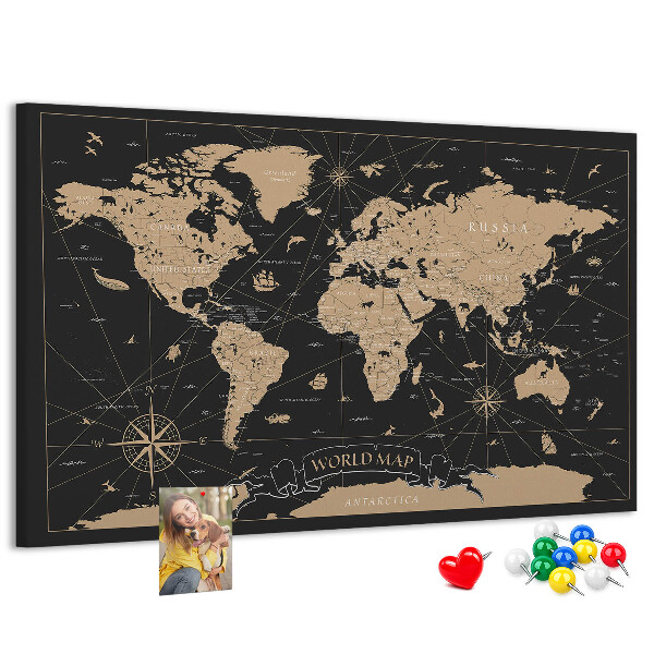 Tablero de anuncios mapa del mundo negro con detalles dorados
