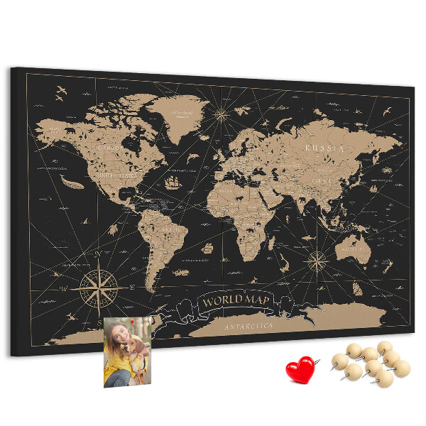 Tablero de anuncios mapa del mundo negro con detalles dorados
