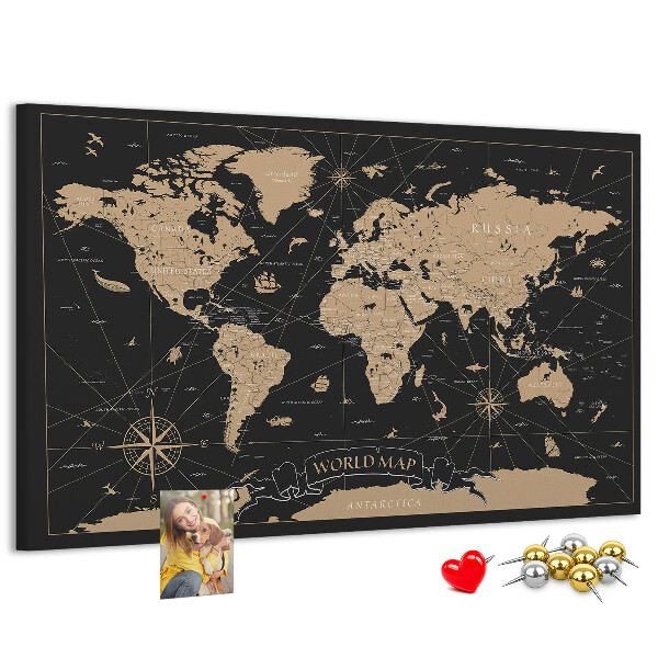 Tablero de anuncios mapa del mundo negro con detalles dorados