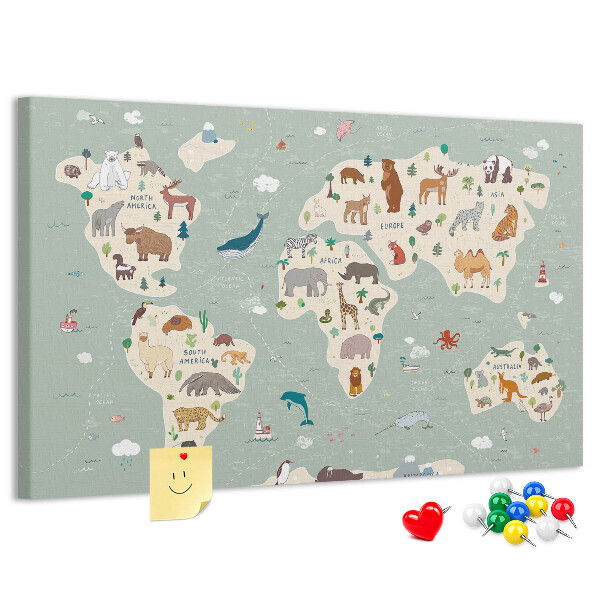 Pizarra de corcho con diseño de mapa de animales del mundo