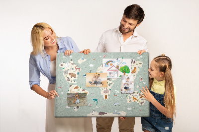 Pizarra de corcho con diseño de mapa de animales del mundo