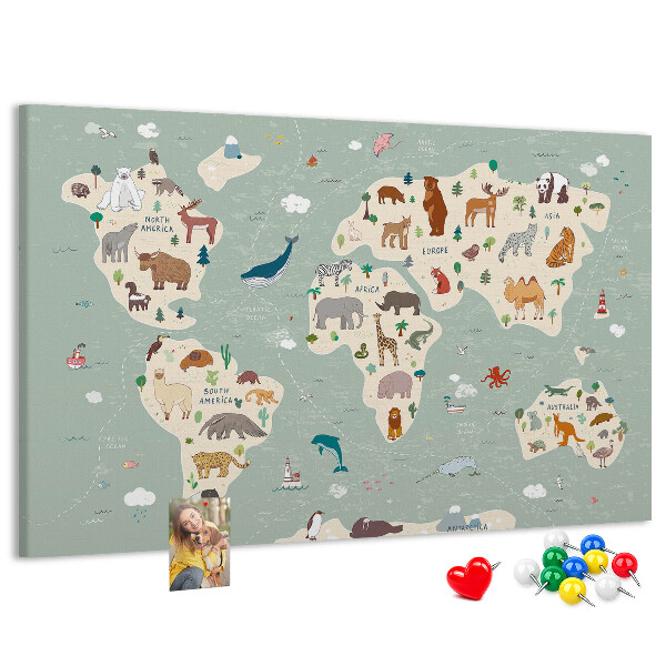 Pizarra de corcho con diseño de mapa de animales del mundo