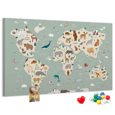 Pizarra de corcho con diseño de mapa de animales del mundo