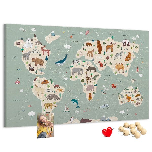 Pizarra de corcho con diseño de mapa de animales del mundo