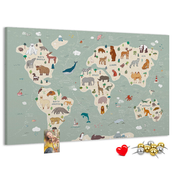 Pizarra de corcho con diseño de mapa de animales del mundo