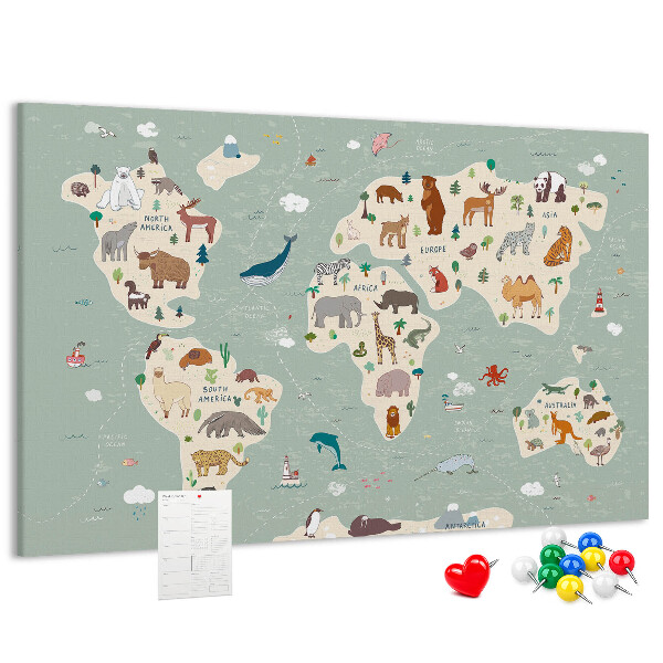 Pizarra de corcho con diseño de mapa de animales del mundo