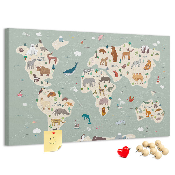Pizarra de corcho con diseño de mapa de animales del mundo