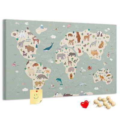Pizarra de corcho con diseño de mapa de animales del mundo