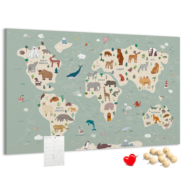 Pizarra de corcho con diseño de mapa de animales del mundo