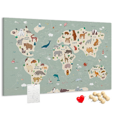 Pizarra de corcho con diseño de mapa de animales del mundo