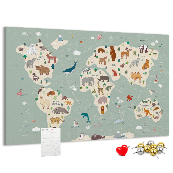 Pizarra de corcho con diseño de mapa de animales del mundo
