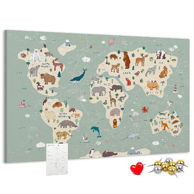 Pizarra de corcho con diseño de mapa de animales del mundo