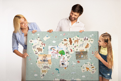 Pizarra de corcho con diseño de mapa de animales del mundo
