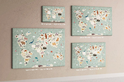 Pizarra de corcho con diseño de mapa de animales del mundo