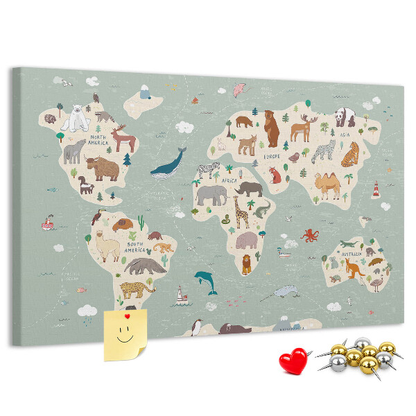 Pizarra de corcho con diseño de mapa de animales del mundo
