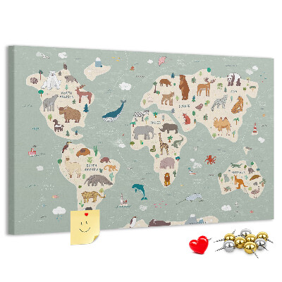 Pizarra de corcho con diseño de mapa de animales del mundo