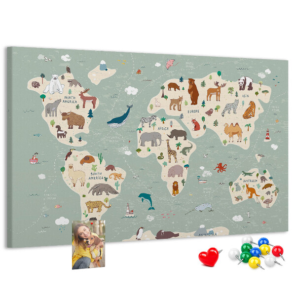 Pizarra de corcho con diseño de mapa de animales del mundo
