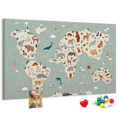 Pizarra de corcho con diseño de mapa de animales del mundo