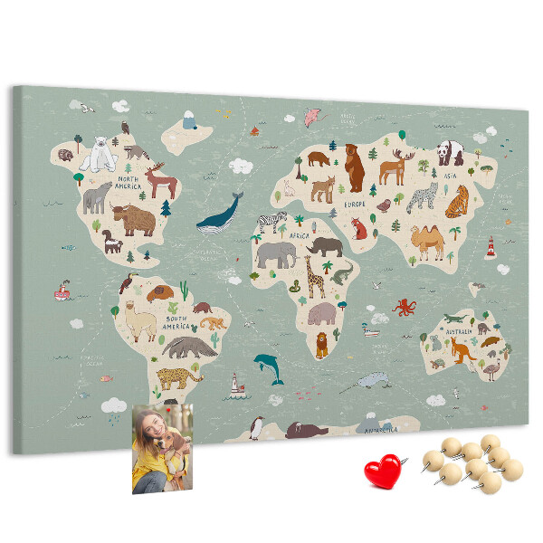 Pizarra de corcho con diseño de mapa de animales del mundo